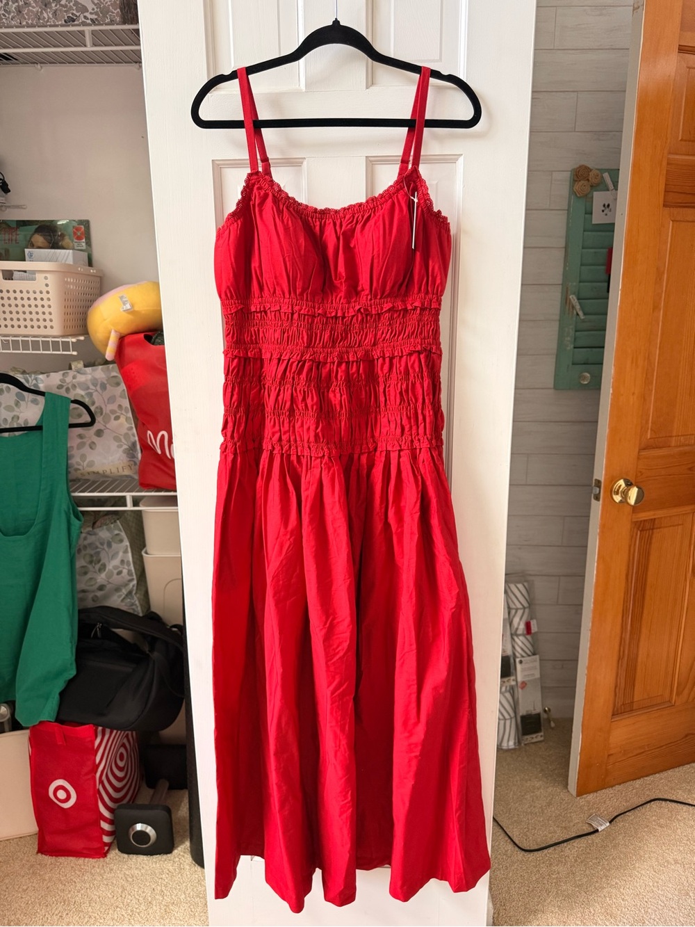 Abercrombie & Fitch Tall Red Smocked Maxi Dress with Spaghetti Straps